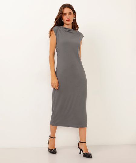 vestido midi de viscose com franzido cinza PP