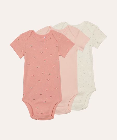 kit de 3 bodies de algodão infantil poá e arco íris colorido 3-6