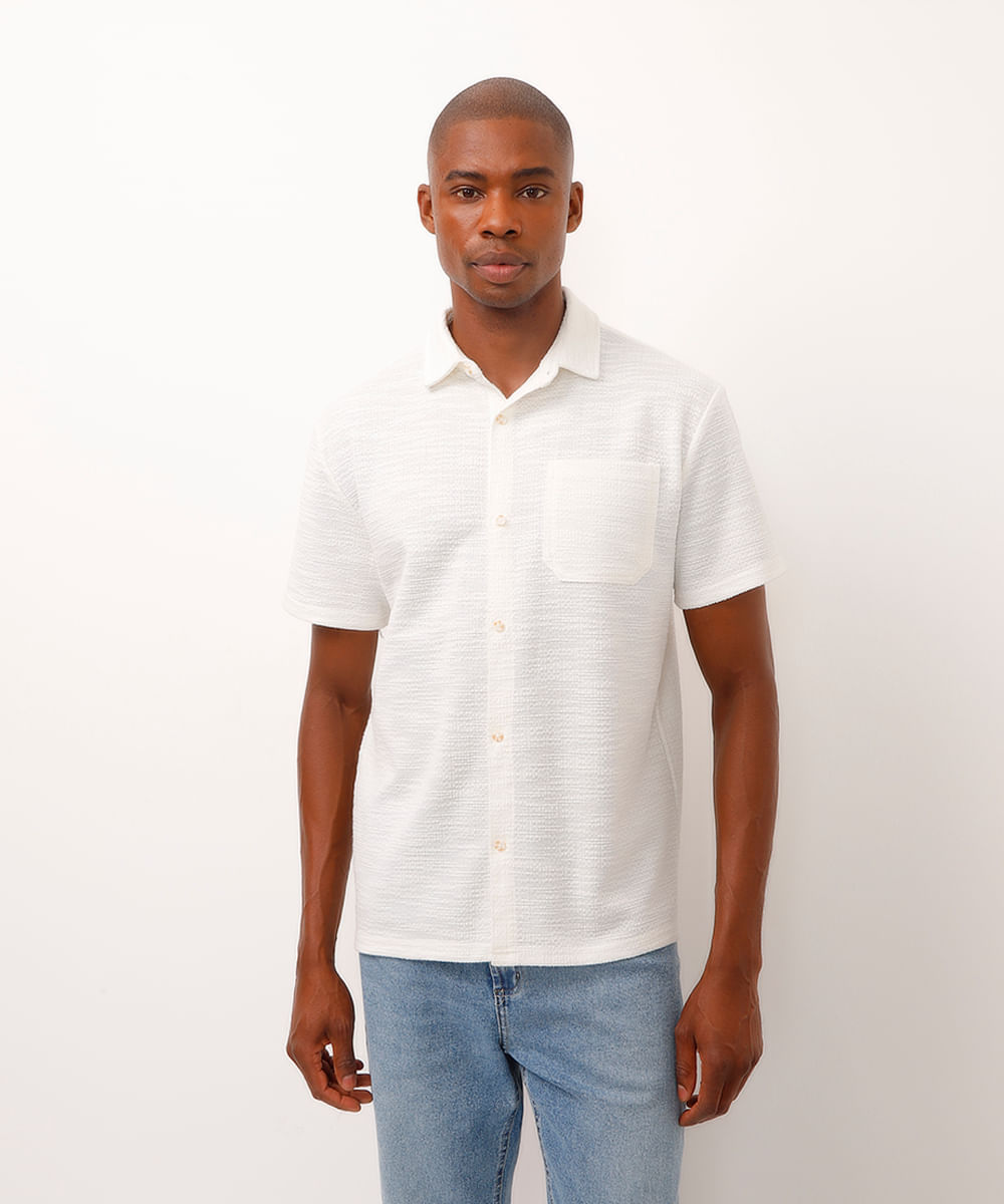 camisa masculina manga curta texturizada off white