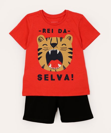 conjunto de algodão infantil tigre manga curta vermelho 1