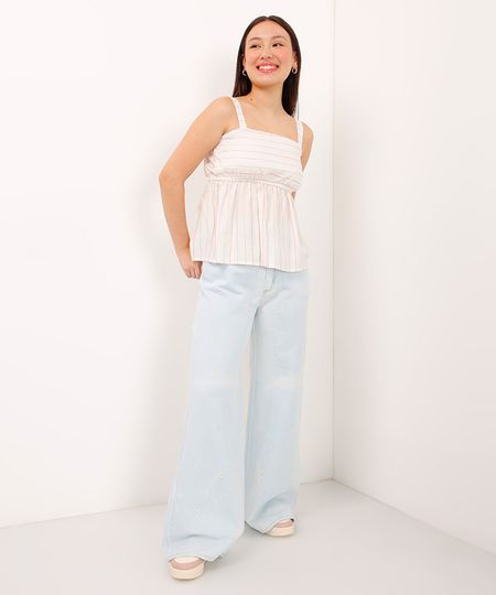calça jeans juvenil wide leg com flores bordados azul claro 10