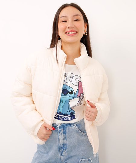 jaqueta puffer juvenil cropped gola alta bege 10