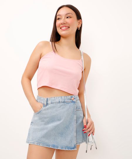 blusa de tule juvenil com strass alça fina rosa 10