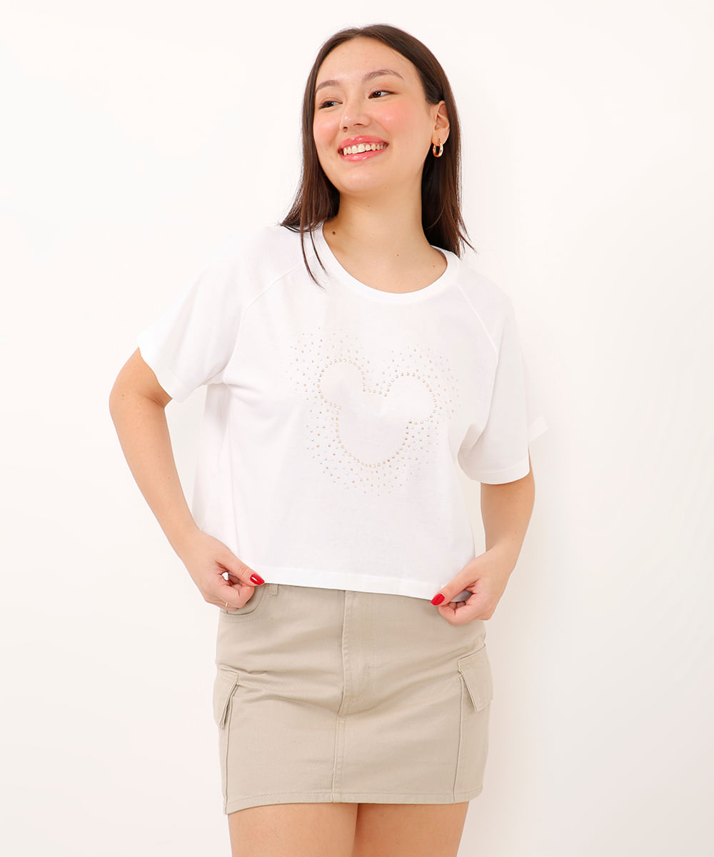 cropped de algodão infantil mickey com brilho manga curta off white