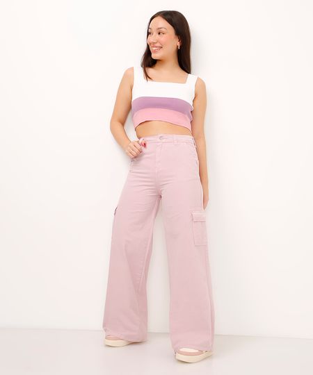 calça wide leg de sarja infantil cargo rosa claro 10