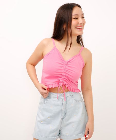 cropped de algodão juvenil com franzido e babado rosa 16