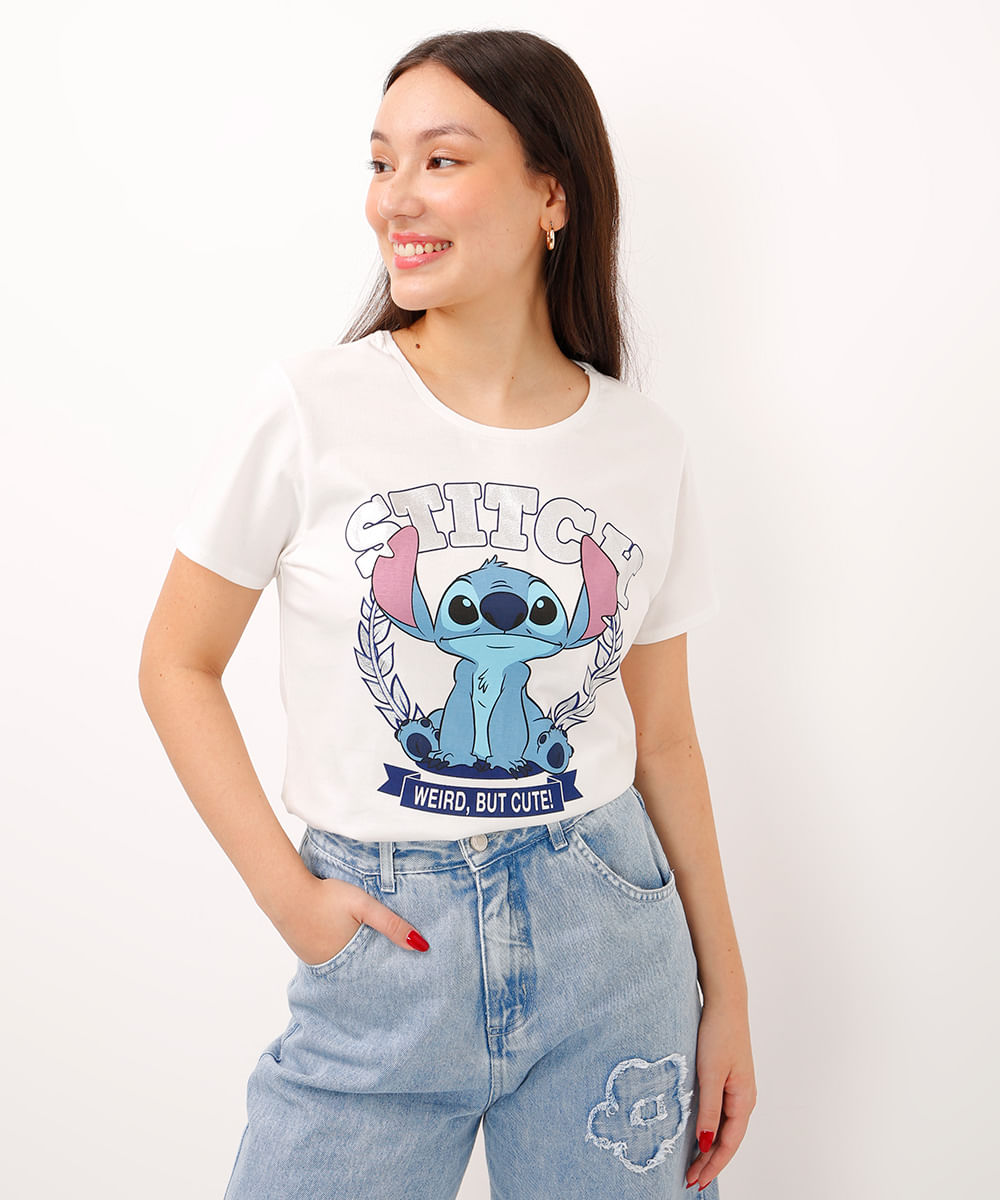 camiseta de algodão infantil stitch manga curta off white