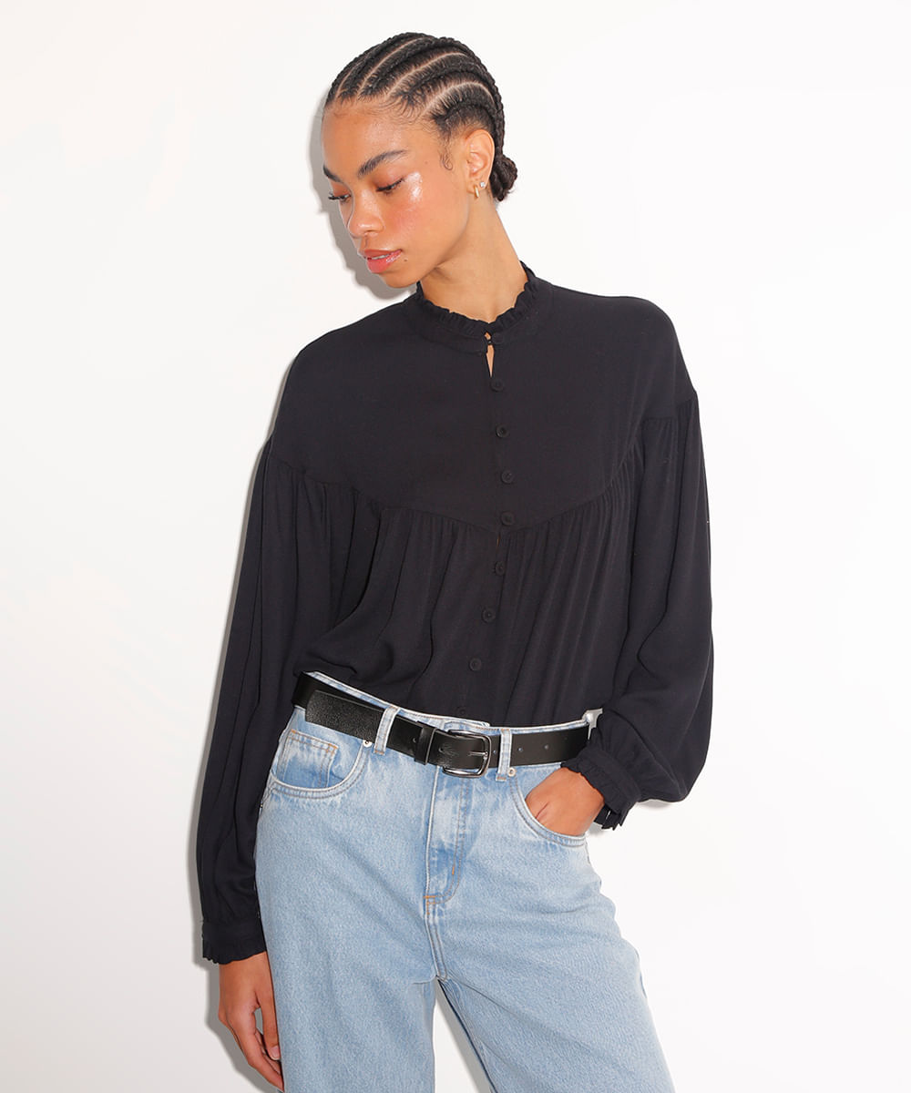 camisa de viscose com botões e babados mindset preta