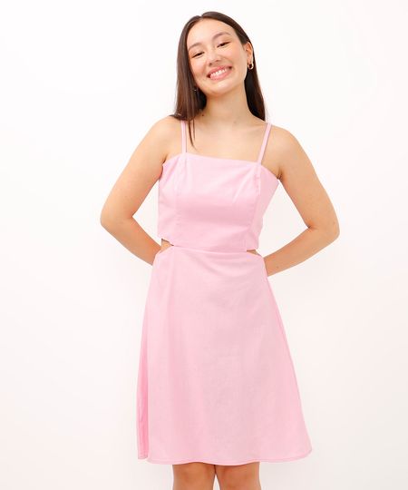 vestido com linho curto recortes juvenil rosa 10