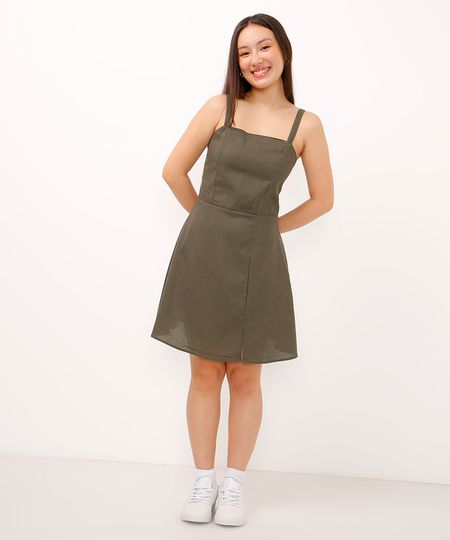 vestido linho juvenil com fenda verde militar 10