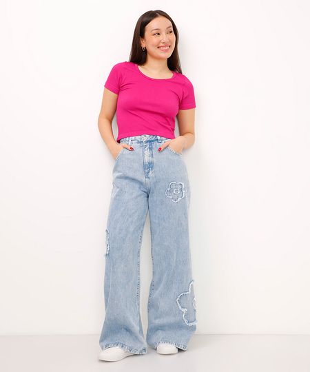 calça jeans juvenil wide leg flor azul 12