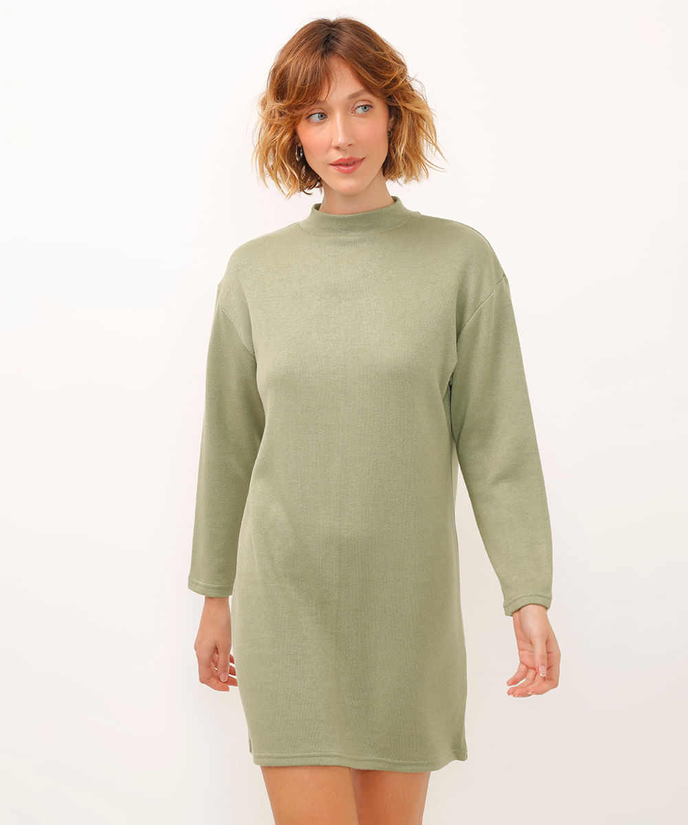 vestido curto de tricot básico gola alta verde