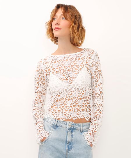 blusa de renda decote canoa manga longa branca PP