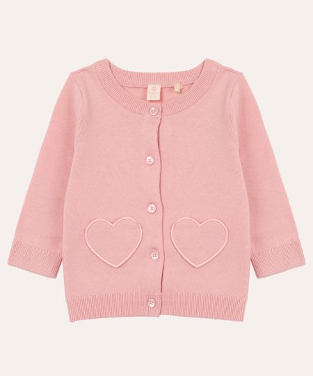 cardigan de tricot infantil com coração rosa 0-3