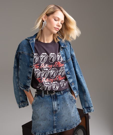 camiseta de algodão the rolling stones metalizada cinza P