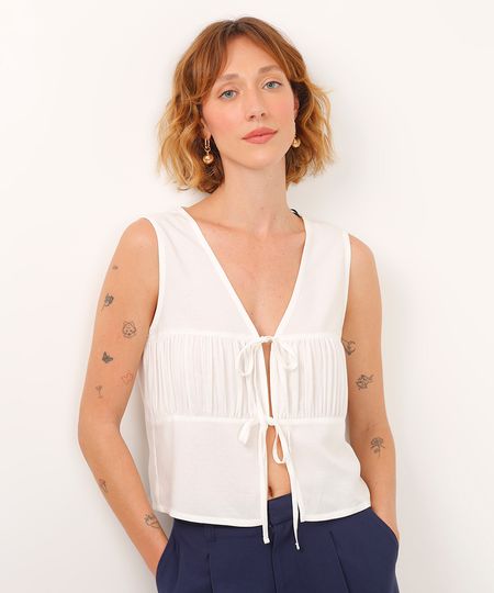 colete de viscose com laços e franzido mindset off white P
