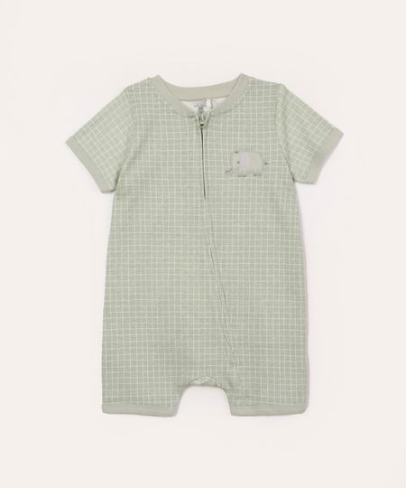 macacão curto infantil geométrico elefante bordado verde 12-18