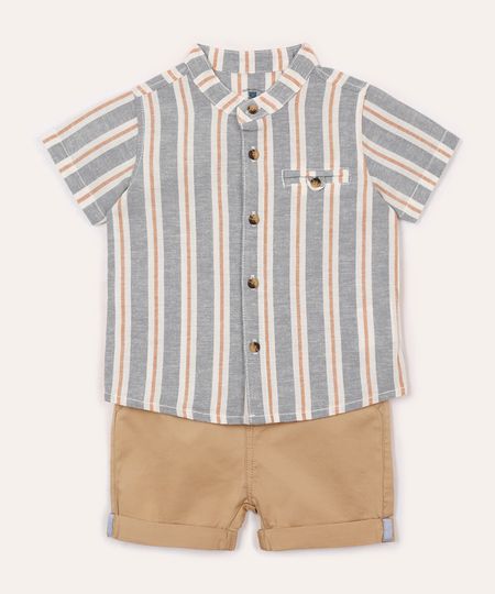 conjunto curto infantil com linho listrado bege 3-6