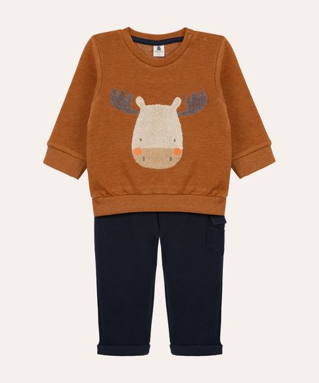 conjunto longo infantil de moletom alce bege 0-3