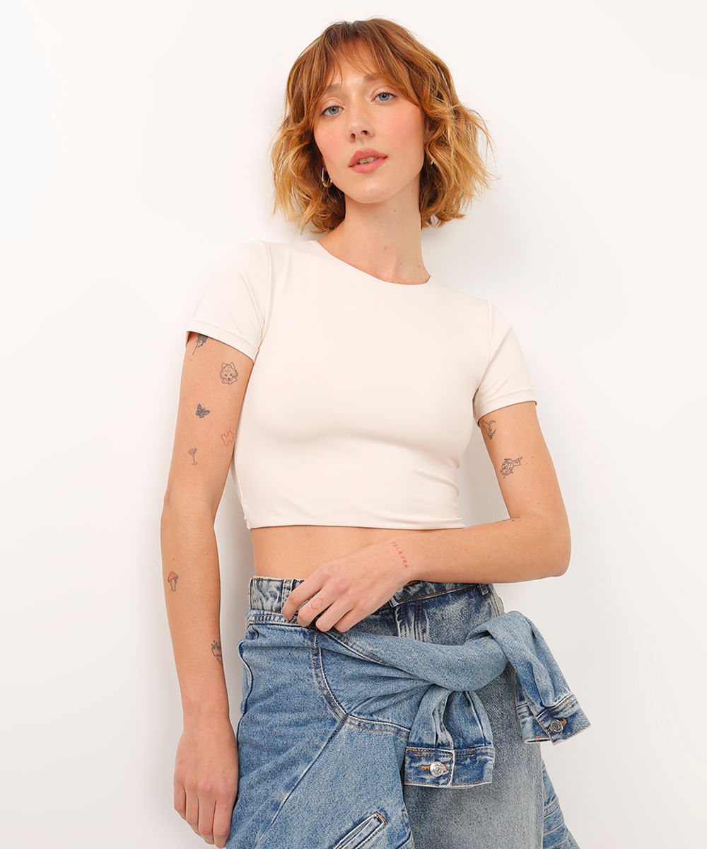 cropped de poliamida manga curta off white