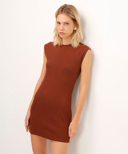 vestido curto canelado de algodão marrom PP