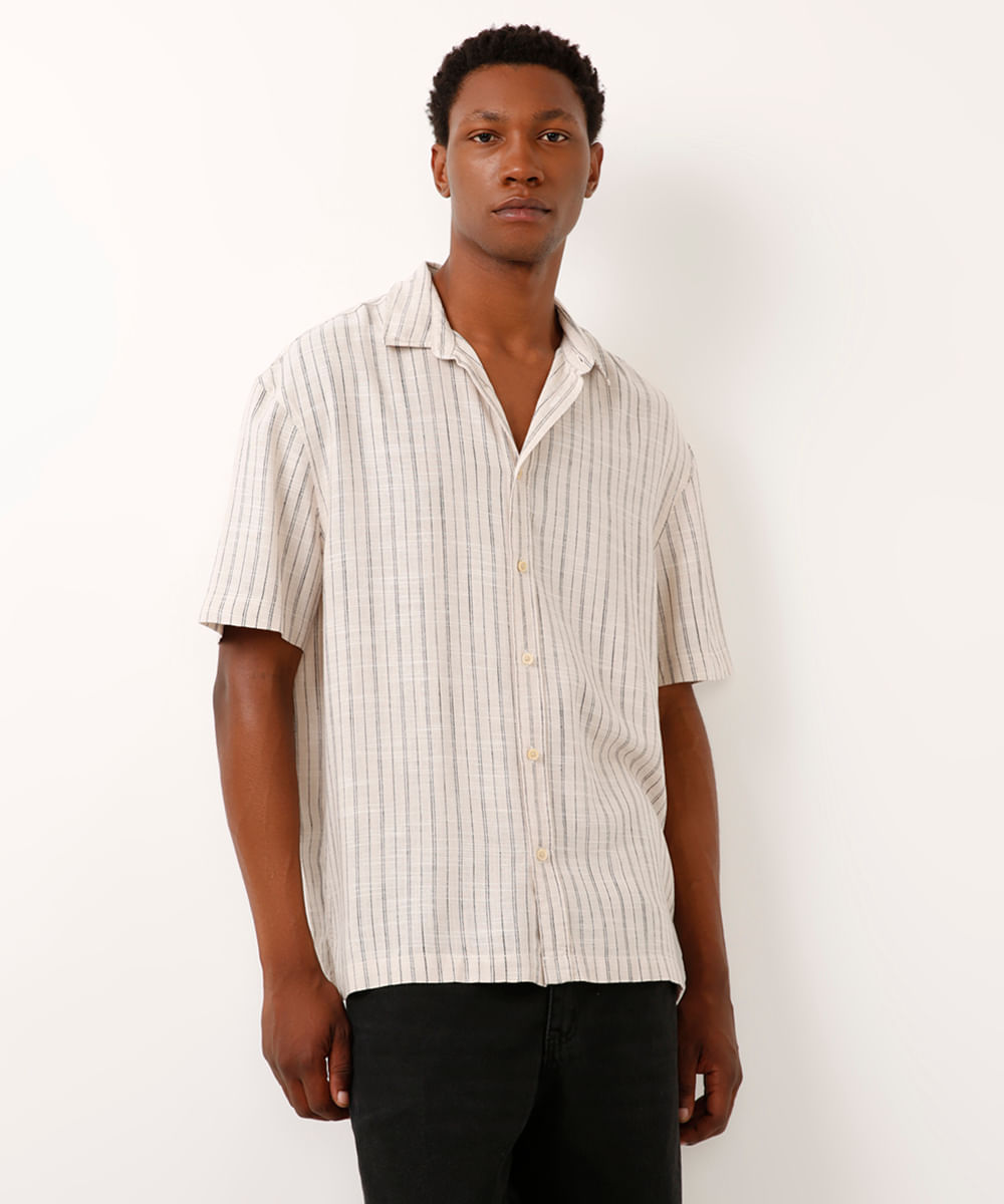 camisa de algodão listrada off white
