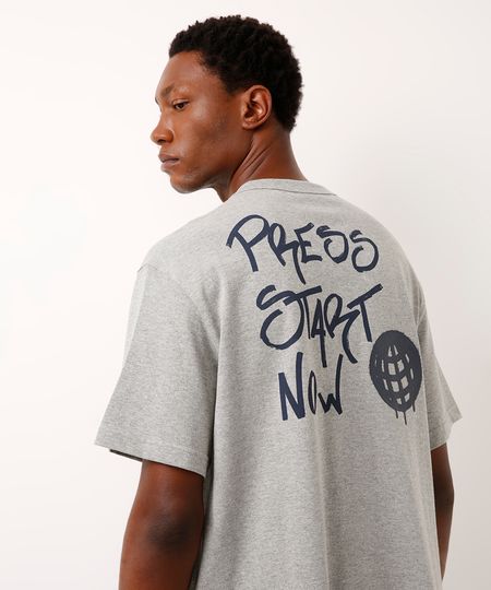 camiseta de algodão press start now cinza M