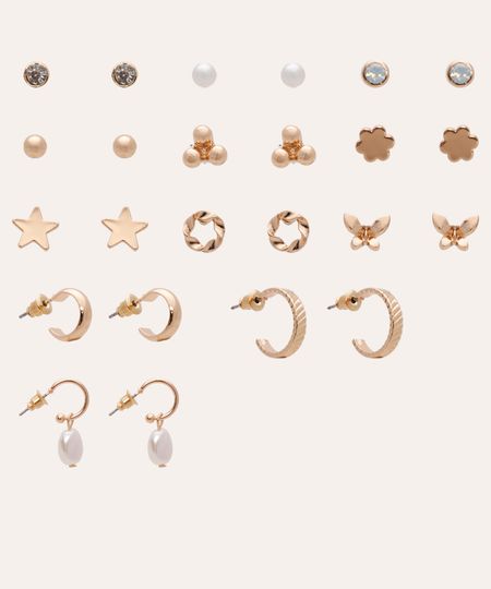 kit de 12 brincos argolas e pérolas dourado UNICO