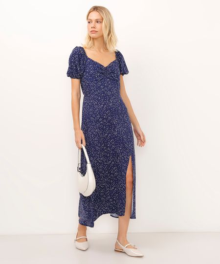 vestido midi de viscose manga bufante poá azul M