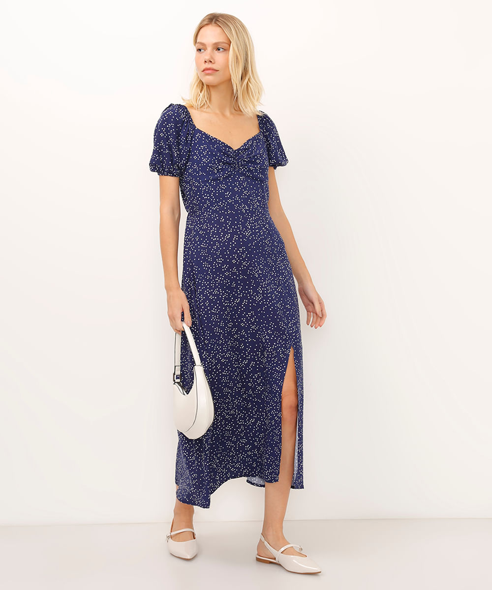 vestido midi de viscose manga bufante poá azul