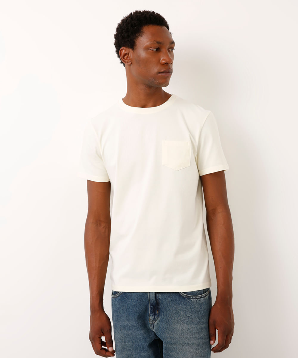 camiseta de algodão básica com bolsos manga curta off white