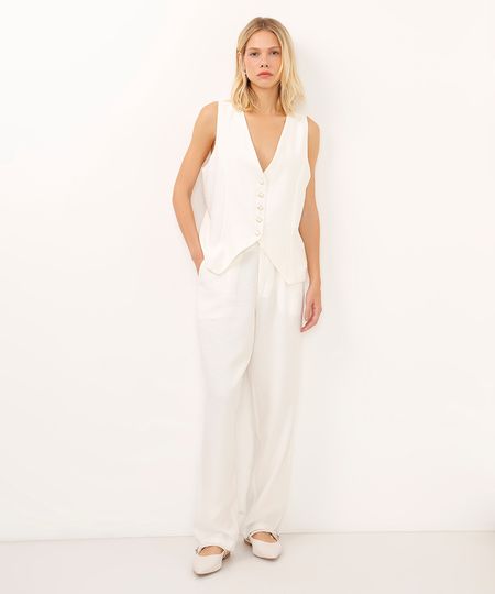 calça reta de viscose alfaiataria cintura alta off white 38