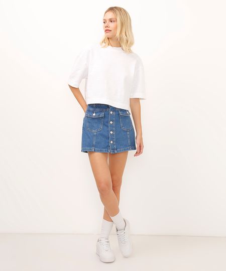short saia jeans cintura super alta azul 36
