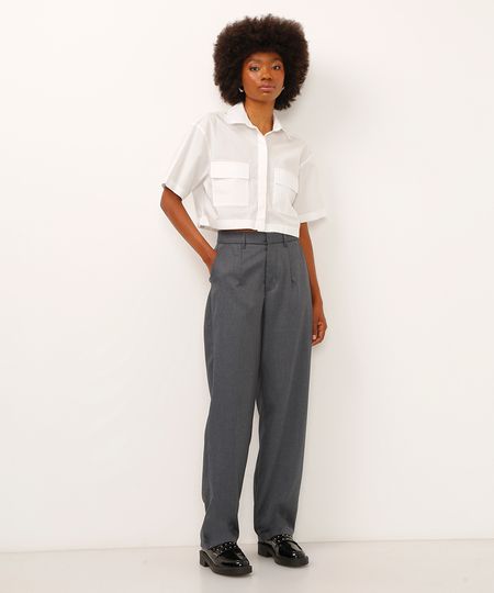 calça reta de alfaiataria cós com elástico cinza 44 calça reta de alfaiataria cós com elástico cinza 44