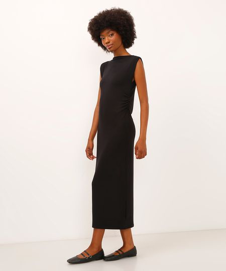 vestido midi de viscose com franzido preto PP vestido midi de viscose com franzido preto PP