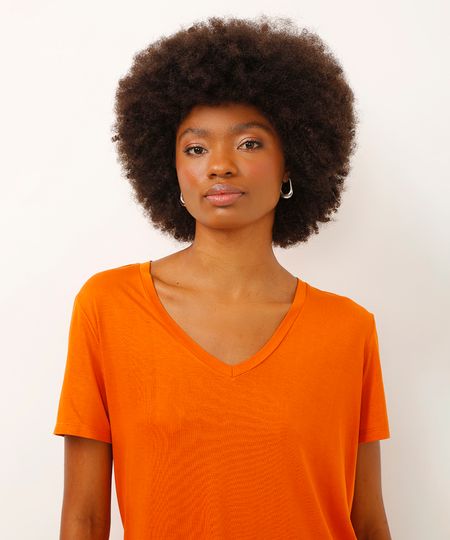 camiseta de viscose decote v alongada laranja P