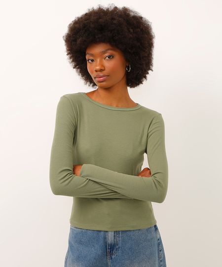 blusa básica decote careca manga longa verde G blusa básica decote careca manga longa verde G