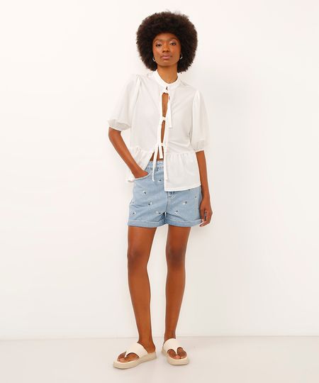 short mom jeans cintura super alta floral azul 40