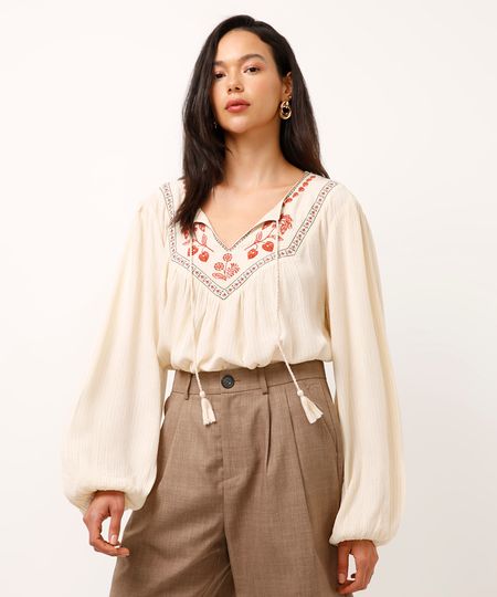 bata boho com lurex manga bufante bege PP