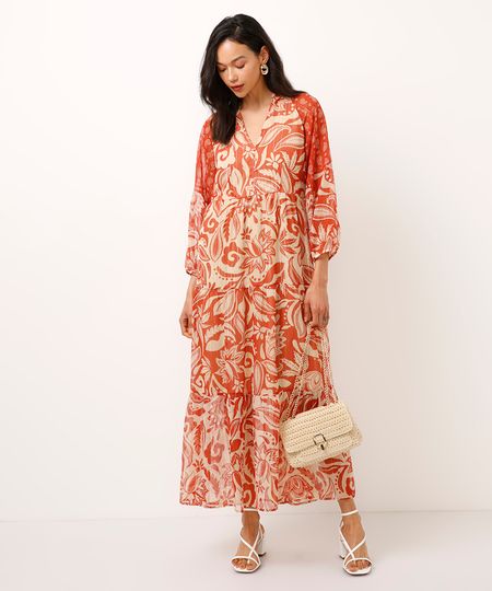 vestido midi boho com lurex decote v bege P