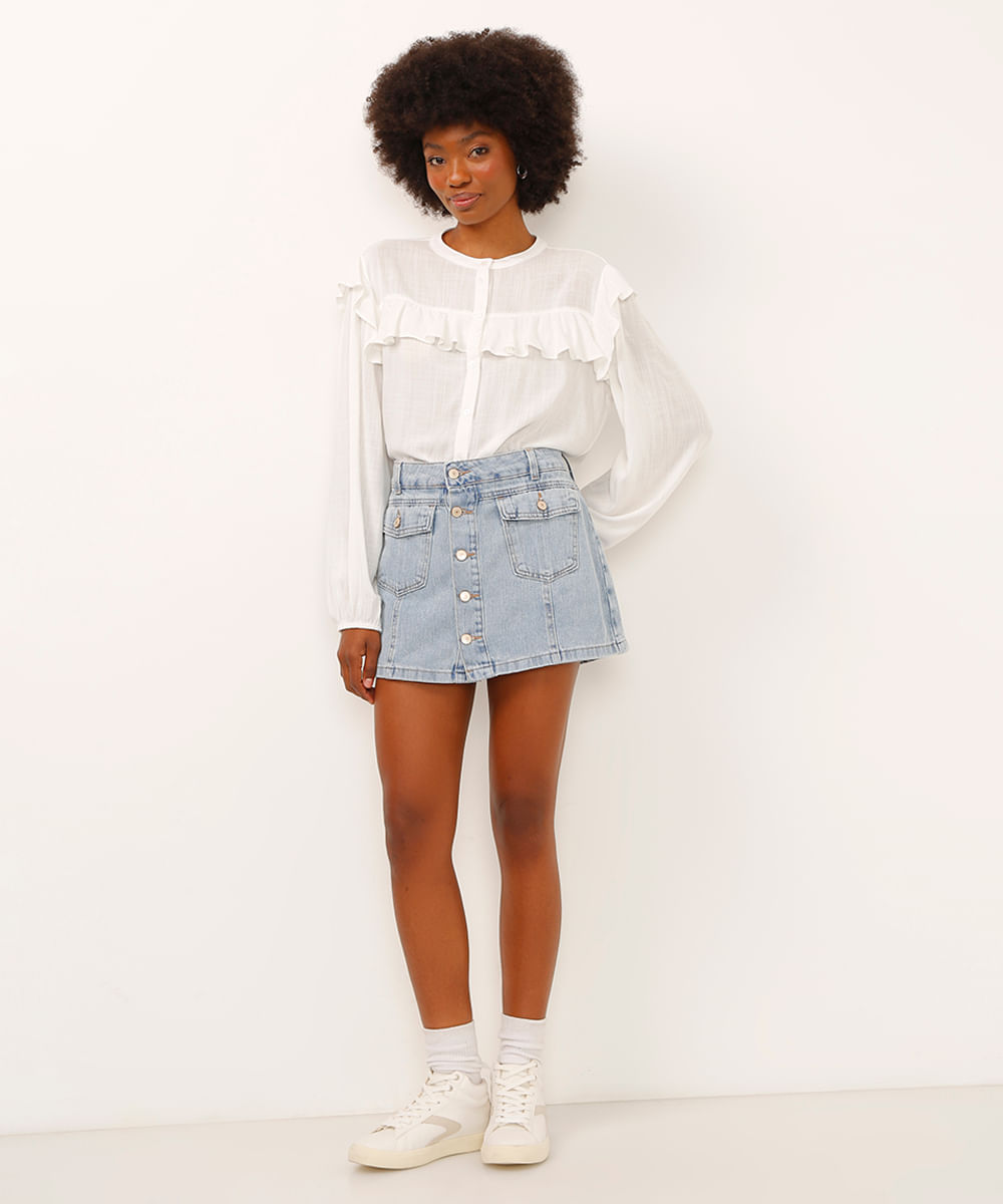 short saia curto jeans cintura super alta com botões azul