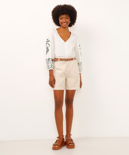 bermuda alfaiatada de sarja cintura super alta com cinto bege 38 bermuda alfaiatada de sarja cintura super alta com cinto bege 38