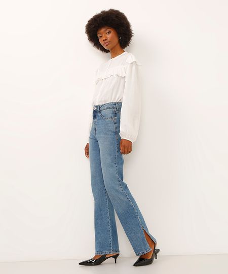 calça jeans reta cintura super alta azul 38