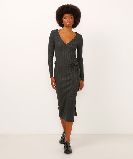 vestido midi de tricot com faixa e fenda grafite M vestido midi de tricot com faixa e fenda grafite M