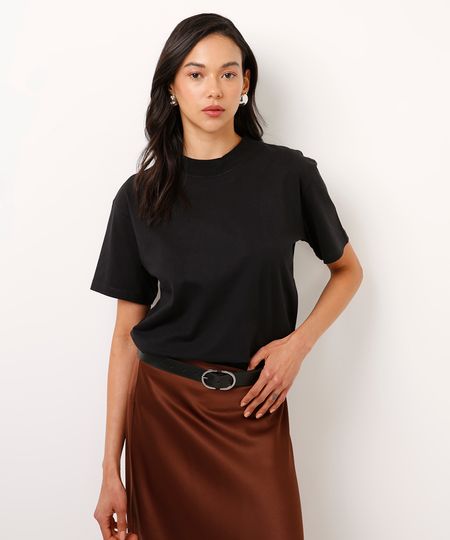 camiseta de algodão básica manga curta gola alta - preto PP camiseta de algodão básica manga curta gola alta - preto PP