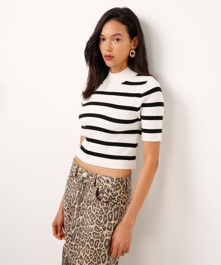 blusa de tricot listrada canelada manga curta off white M