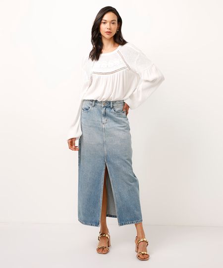 saia jeans midi cintura super alta com fenda jeans médio 34 saia jeans midi cintura super alta com fenda jeans médio 34