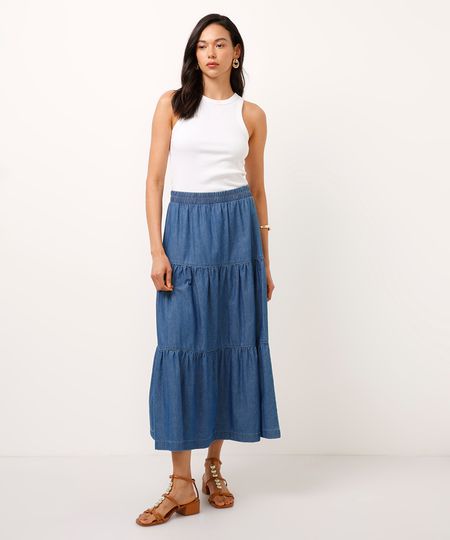 saia jeans midi cintura super alta cós elástico azul escuro 34
