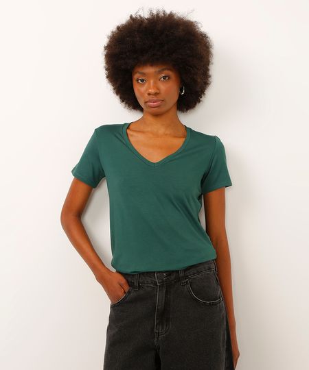 camiseta de viscose decote v alongada verde PP