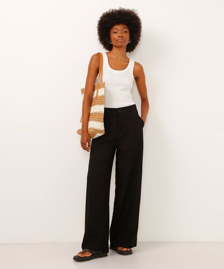 calça wide leg de viscose cintura alta preta 36
